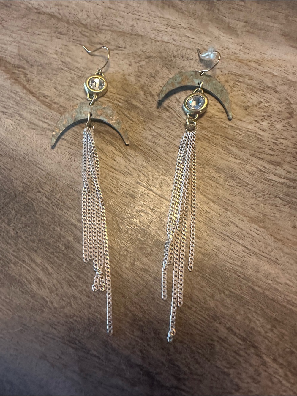 Gold and Silver Crescent Drop Earrings with Crystal Accent